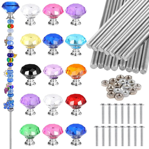60-Piece Decorative Threaded Rod Kit With Rhinestone Heads, Nuts And Screws For Gardening DIY Projects, showing colorful rhinestone tops and metal rods in 8/32 inch size