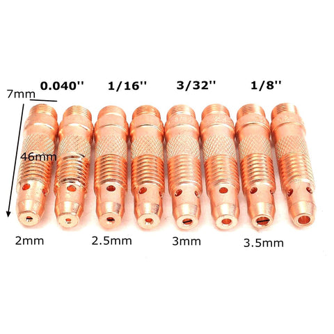 Range of copper collets for TIG Welding Torches Gas Lens Kit 58 Piece Set With Back Cups, Collets, Collet Bodies.