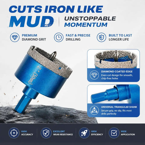Diamond Tile Hole Saw Kit 13 Piece Set With Eight Diamond Hole Saws From 6mm To 50mm Including 4 Replacement Bits And A 6mm Cross Bit for cutting iron-like mud, highlighting premium diamond grit and durability.