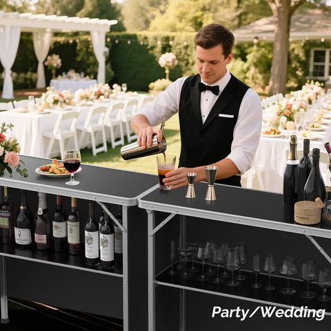 Portable Bar Table With 2-Tier Shelves, Lightweight Foldable Event Stand for parties, bartender serving drinks, wedding setup