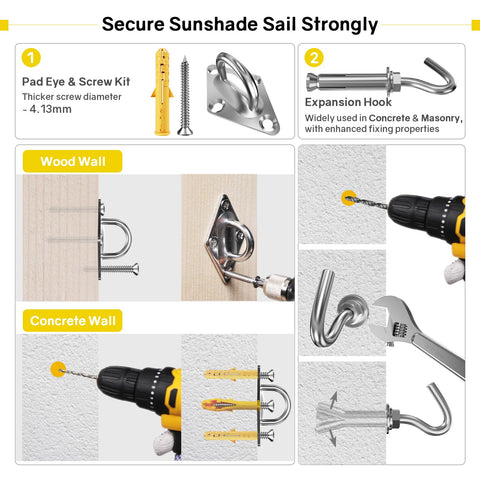 Sun Shade Sail Hardware Kit With 12 Foot Vinyl Coated 304 Stainless Steel Wire Rope For Triangle And Rectangle Shade Sail Installations In Outdoor Patios And Gardens All Weather Heavy Duty Rust Resistant, showing installation process for wood and concrete walls.