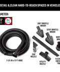 Pro-Grade 1-1/4 In Wet Dry Shop Vac Attachment Kit With Reinforced 11 Ft Hose that includes various detailing brushes and tools for cleaning.