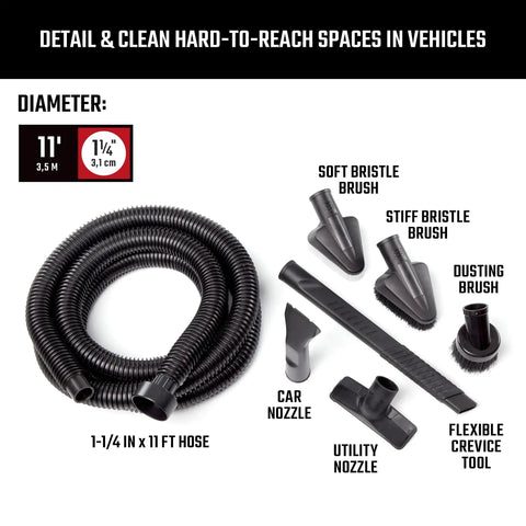 Pro-Grade 1-1/4 In Wet Dry Shop Vac Attachment Kit With Reinforced 11 Ft Hose that includes various detailing brushes and tools for cleaning.