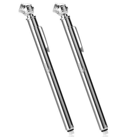 Two chrome UNCO pencil tire gauges, 10–75 PSI, with pocket clip, front view.