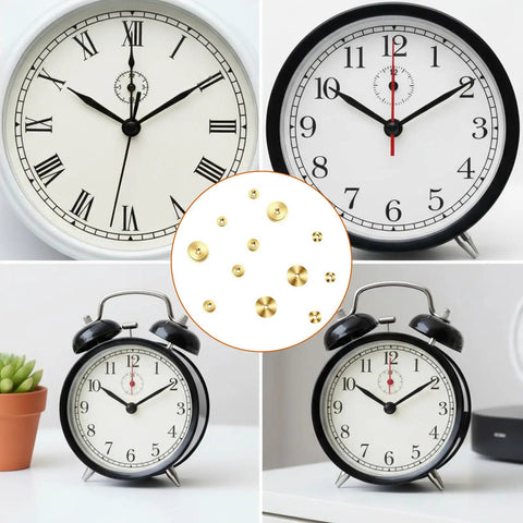 Brass Clock Hand Nut Set 12 Pcs Assortment for quick clock fixes with clocks in background for visual reference.