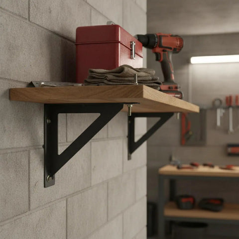 Heavy Duty Triangular Shelf Bracket For Garage Storage Built To Last Cold Rolled Steel Wall Mount Corner Brace in use on concrete wall