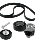 Upgrade Your BMW 3.0L Ride Smooth With A Fresh Serpentine Drive Belt Tensioner And Idler Pulley Kit For 2006 To 2013 Models Like The 325i 328xi And X3 That Keep The Engine Purring Without Any Weird Noises Or Slippage., BMW serpentine belt tensioner kit with drive belt, idler pulley, and mounting bolts