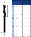 Four Flute Carbide Ball Nose End Mill and size chart for One Eighth Inch Shank, One Eighth Inch Cutting Diameter, Steel use.