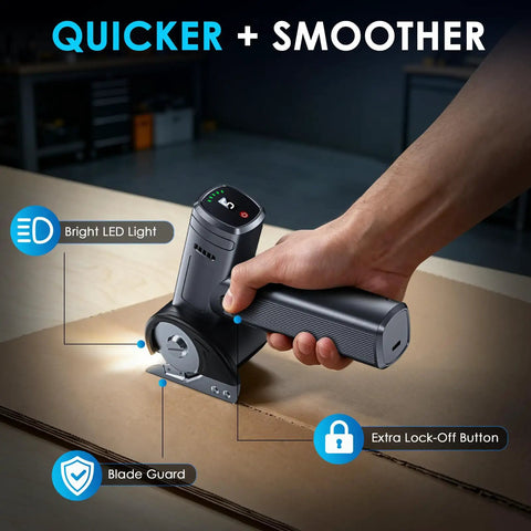 Electric Box Cutter With Smart Digital Display, 5 Speeds, Rechargeable Cordless Scissors For Cardboard, LED work light cutting cardboard.