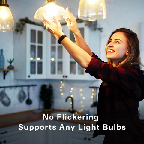 Woman adjusting light in kitchen with Smart In Wall Relay Switch No Neutral Required Works With HomeKit 2.4GHz WiFi Light Switch