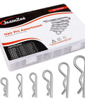 R Shaped Heavy Duty Cotter Pin Kit, 50 Pcs Zinc Plated Alloy Steel Pins In 6 Sizes visible in storage box and outside