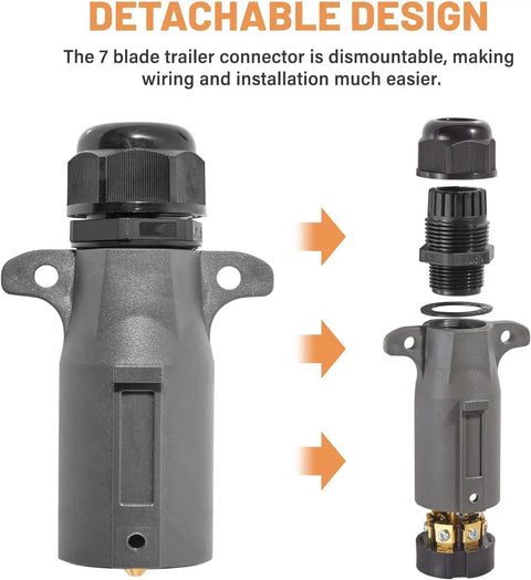 Detachable 7 Way RV Style Trailer Plug With IP68 Waterproof Seal 2 Pack showing detachable components in black and silver