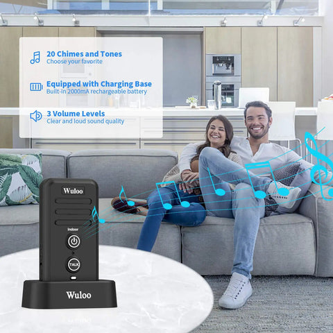 Wireless Intercom Doorbell for Home and Classroom Waterproof Electronic Door Chime With Half Mile Range Three Volume Levels Rechargeable Battery Easy Setup and Clear Sound The Go To Doorbell for Busy Living Spaces displayed with couple relaxing