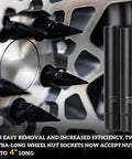 10 Piece Wheel Lock Removal Kit With Spline And Hex Master Keys Remove Rusted Or Stripped Lug Nuts On Aftermarket Wheels CrMo Steel Construction Anti Theft Lock Nut Removal For Jeep Ford Toyota Honda shown with two extra-long sockets and wheel close-up.
