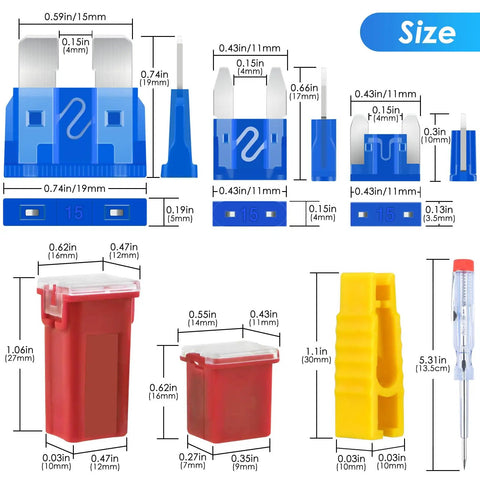 304 Piece All In One Car Fuses Kit With Standard Mini And Low Profile Fuses dimensions illustrated