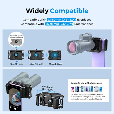 360 Degree Rotating Telescope Phone Adapter for Android and iPhone showcasing compatibility with eyepieces and smartphones.