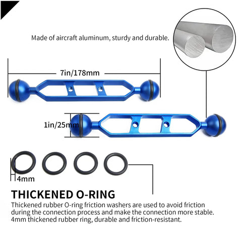 Diagram of Blue 7 Inch Underwater Aluminum Alloy Extension Arm 2 Pack With Dual Ball Heads And 1 Inch Connector, showing measurements and O-rings