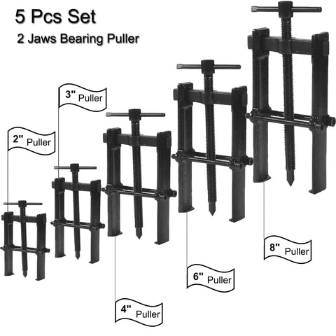Five Piece Adjustable Two Jaw Bearing Puller Set With 2 Inch 3 Inch 4 Inch 6 Inch And 8 Inch Jaws Carbon Steel Wheel Bearing Gear Removal Kit