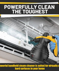 Powerful Handheld Steam Cleaner With 1050W Quick Heat In 3 To 5 Minutes used on an air conditioner, black and yellow design.