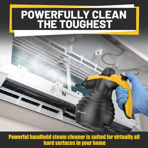 Powerful Handheld Steam Cleaner With 1050W Quick Heat In 3 To 5 Minutes used on an air conditioner, black and yellow design.