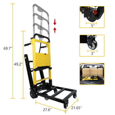 Huge Upgrade Electric Stair Climber Dolly boasting 440 Pound Max Load And Three Adjustable Speeds For Smooth Moves with detailed measurements.