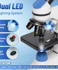 Kids Microscope Kit With 40X To 2000X Magnification, Dual LED system, adjustable for upper and lower lighting with controls visible.