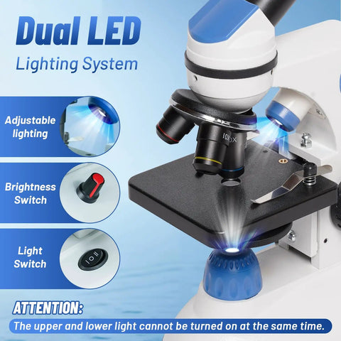 Kids Microscope Kit With 40X To 2000X Magnification, Dual LED system, adjustable for upper and lower lighting with controls visible.