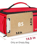 Front view of red Mancro first-aid bag with multiple pockets and carrying handle.