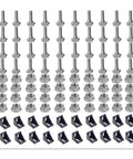 Beefy Aluminum Profile Connector Kit With 40 M8 Hex Flange Nuts, 20 Corner Brackets, And 16mm T Bolt Screws, Pro Grade Sturdy Black Hardware For Solid 90 Degree Joints And Quick Builds. Metal bolts, nuts, and black brackets arranged neatly. Offers robust 90-degree joint solutions.