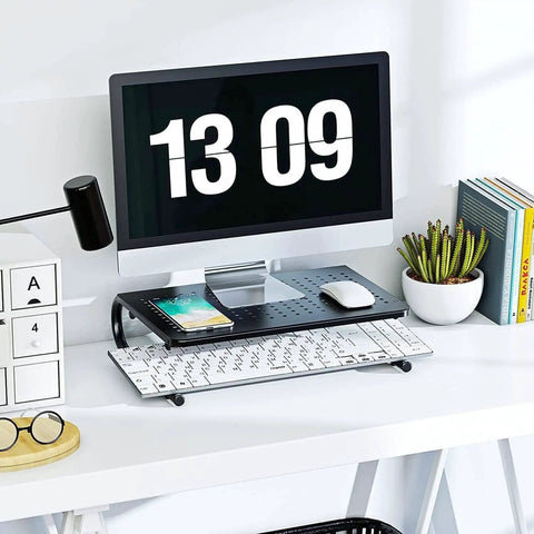 Desktop Monitor Stand With Dope Ventilated Perforated Steel Design holding a monitor, organized desk setup