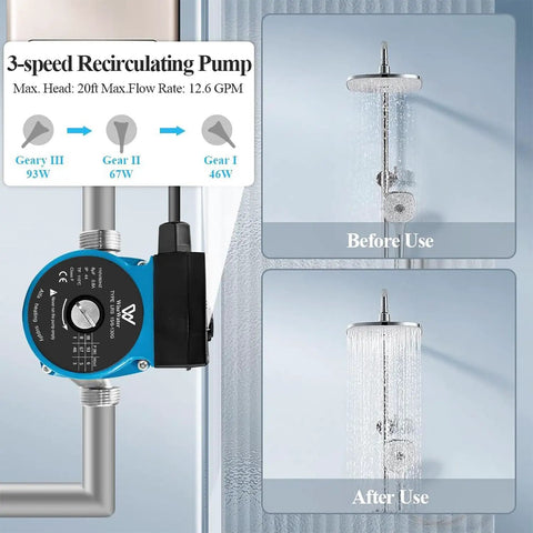 Tough As Nails Residential Hot Water Recirculating Pump One Inch NPT Threading shows before and after water flow in shower.