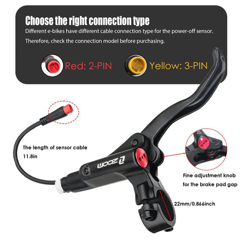 Close-up of EBike Hydraulic Disc Brake Set with power-off sensor, showing 2-PIN cable and brake lever details