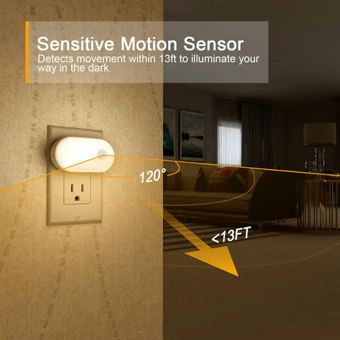 Ultra Bright 120LM Plug In Motion Sensor Night Light With Stepless Dimming Always On And Auto Off Modes No Fuss Warm White LED Nightlight For Hallways Stairs Bathroom Bedroom Garage 6 Pack installed in living room