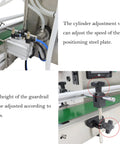 Close-up of cylinder adjustment valve and guardrail height adjustment on Automatic Liquid Filling Machine With Magnetic Pump And Four Eight Millimeter Nozzles Handles Five To One Thousand Milliliter Bottles On A Fifty Six Inch Conveyor Belt For Rock Solid Workflow.