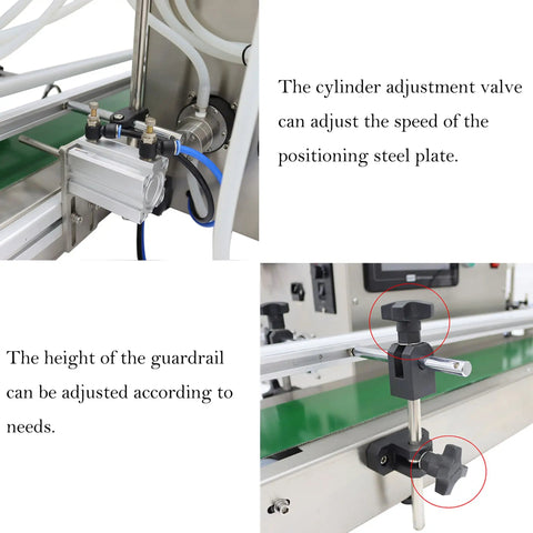 Close-up of cylinder adjustment valve and guardrail height adjustment on Automatic Liquid Filling Machine With Magnetic Pump And Four Eight Millimeter Nozzles Handles Five To One Thousand Milliliter Bottles On A Fifty Six Inch Conveyor Belt For Rock Solid Workflow.