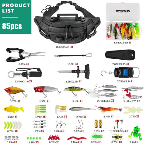 All In One Fishing Waist Pack Kit With Tackle Box And Lure Kit, Slim Sling Fanny Pack With Pliers Lip Gripper And Weigh Scale.