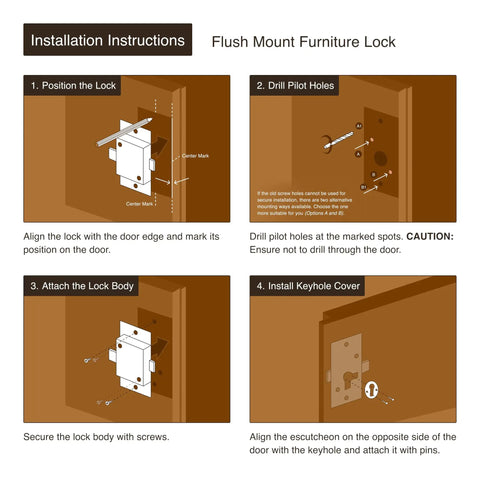 Installation instructions for Sweet Vintage Vibe Small Antique Brass Cabinet Lock With Key flush mount lock set.