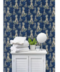 Little Rococo PVC Free Wallpaper Featuring Heavy Duty Poly Blend With Smooth Linen Texture For Kitchens Bathrooms And Mudrooms in a bathroom setting with towels and decor.