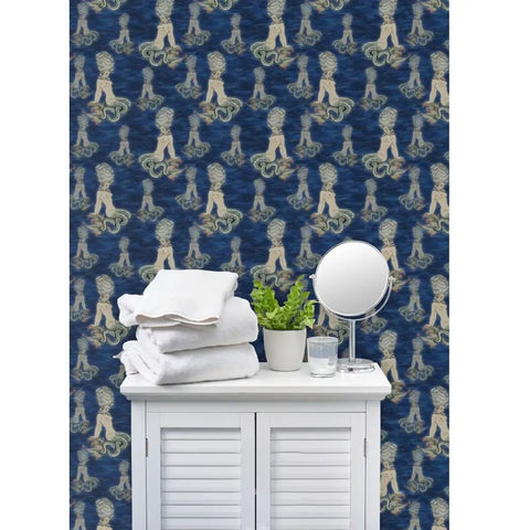 Little Rococo PVC Free Wallpaper Featuring Heavy Duty Poly Blend With Smooth Linen Texture For Kitchens Bathrooms And Mudrooms in a bathroom setting with towels and decor.