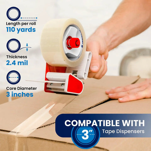 2 Inch Clear Packing Tape 2.4 Mil Thick 110 Yards Per Roll 36 Rolls Total Heavy Duty Shipping and Moving Tape in dispenser sealing box