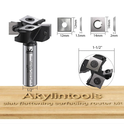 Slab Flattening Router Bit With Half Inch Shank And One And A Half Inch Cutting Diameter CNC Spoilboard Surfacing Bit With Two Plus Two Wing Carbide Inserts Built Tough For Wood Planing And Bottom Cleaning Pro Grade product image showing various dimensions and carbide insert details.