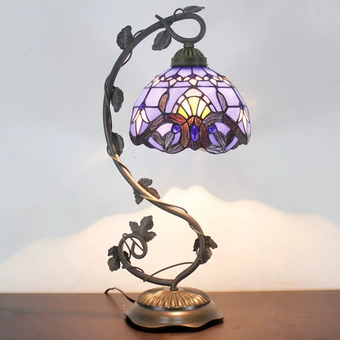 Tiffany Style Table Lamp With Blue Purple Stained Glass, Baroque Inspired Reading Desk Light, Metal Leaf Base, 21 Inch Tall
