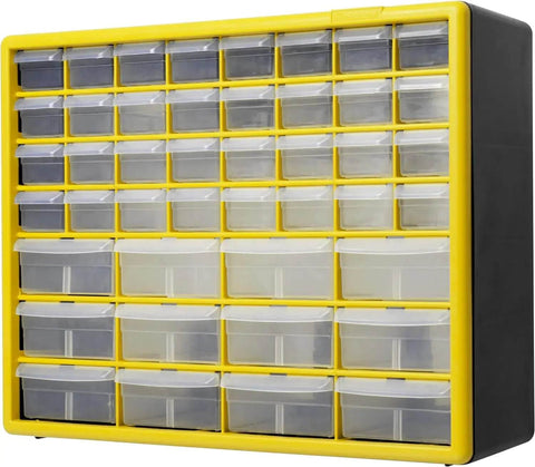 Pro Move 44 Drawer Plastic Parts Storage Cabinet For Garage Organization With Heavy Duty High Impact Build For Quick Hardware Access And Small Parts Sorting Done Right Yellow Made In Usa, front view showing 44 clear drawers.