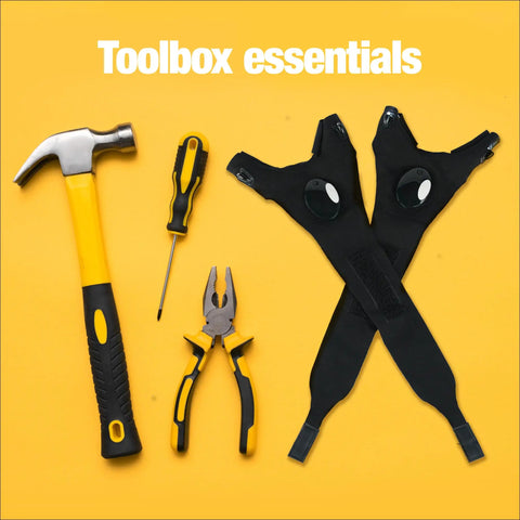 Handsfree LED Flashlight Gloves For Dads And DIYers A Versatile Tool For Fishing Camping Car Work And Home Improvement Great Gift For Men Ideal For Fishing Trips And Home Projects Outdoors Enthusiasts Makes A Classic Mens Gift For Any Occasion surrounded by toolbox tools on yellow background