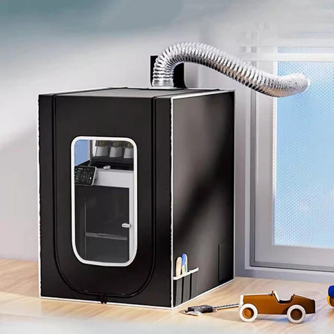 Vented Resin 3D Printer Enclosure With LED Light And Vent Kit, Sturdy Tent Cover, next to window, rubber hose visible on top.