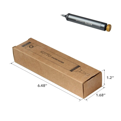 One Hand Trigger Desoldering Vacuum Pump Solder Sucker with packaging, shown in box with dimensions for quick solder removal tool.