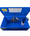 Badass Industrial Parts Washer With Triple Stage Filtration System keeps your degreaser crisp and clean, showing blue steel basin and spray nozzle.