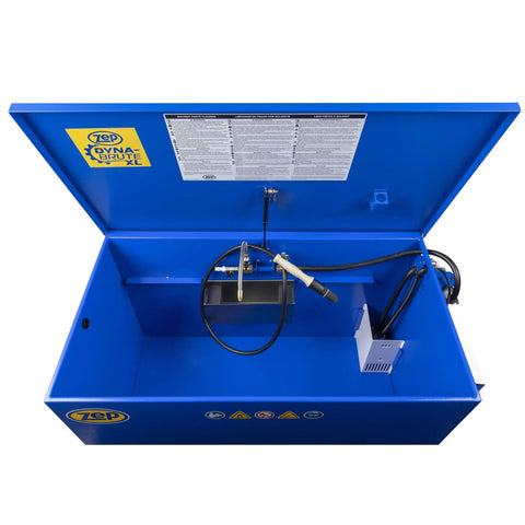 Badass Industrial Parts Washer With Triple Stage Filtration System keeps your degreaser crisp and clean, showing blue steel basin and spray nozzle.