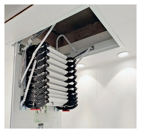 Pro Grade Electric Heavy Duty Retractable Attic Ladder With Hella Tough Aluminum Frame partially deployed from ceiling hatch.