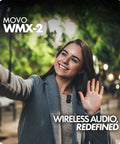 Smiling woman using WMX-2 Wireless Camera Microphone With Charging Case for DSLR, vlogging outdoors in park setting.